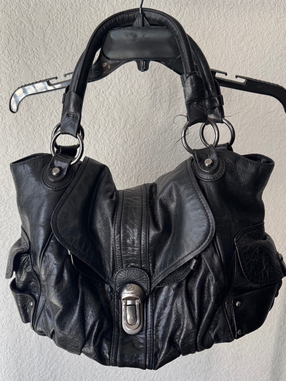 Y2K Francesco Biasia Black Leather Hobo Shoulder Bag Slouchy Balenciaga Style